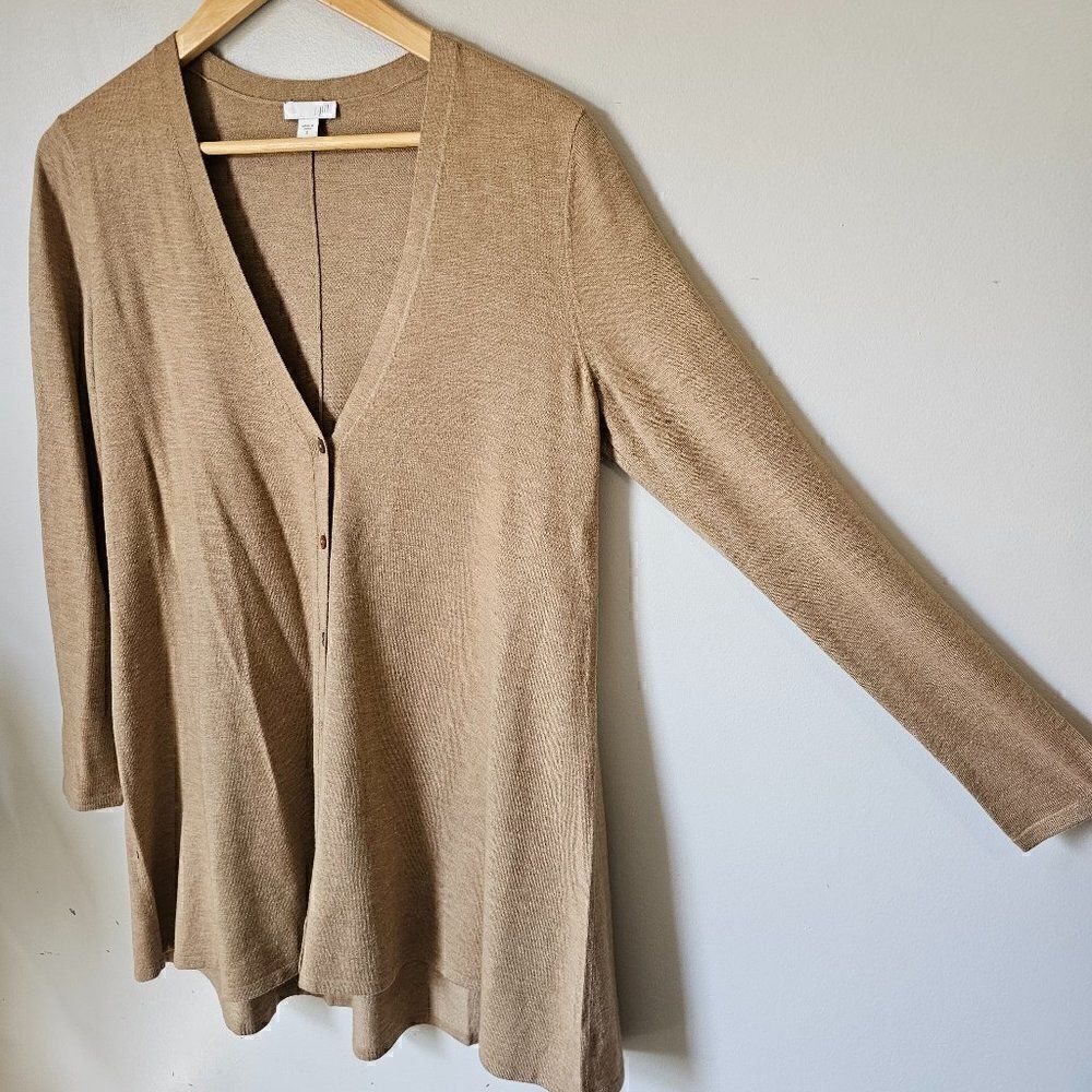 EUC J. JILL WOOL BLEND CAMEL/ TAN LONG SLEEVES V NECK BUTTON DOWN LONGLINE TOP S - Picture 2 of 12